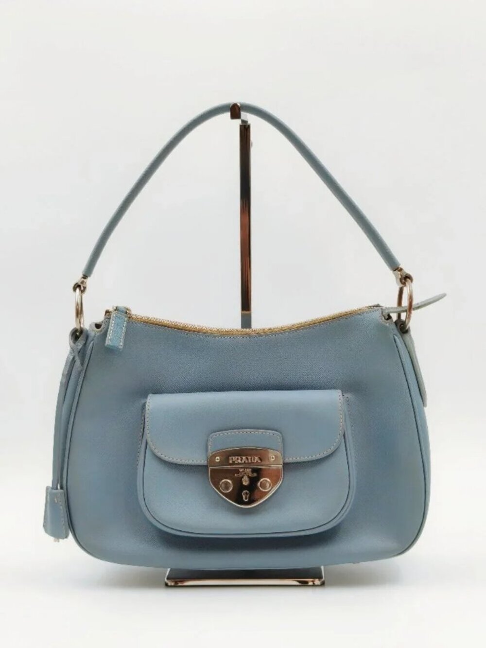 Prada Saffiano Lux Light Blue Leather Shoulder Bag Hobo Purse - Picture 2 of 13